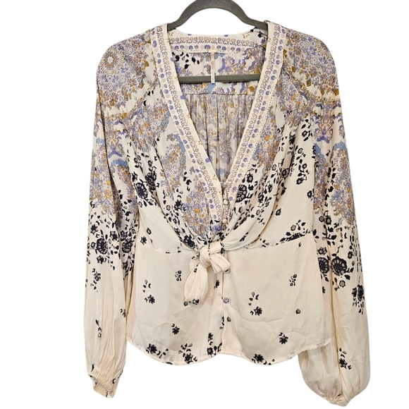 Free People Run Free Bohemian Tie Front Blouse Floral Flowy - Picture 1 of 7
